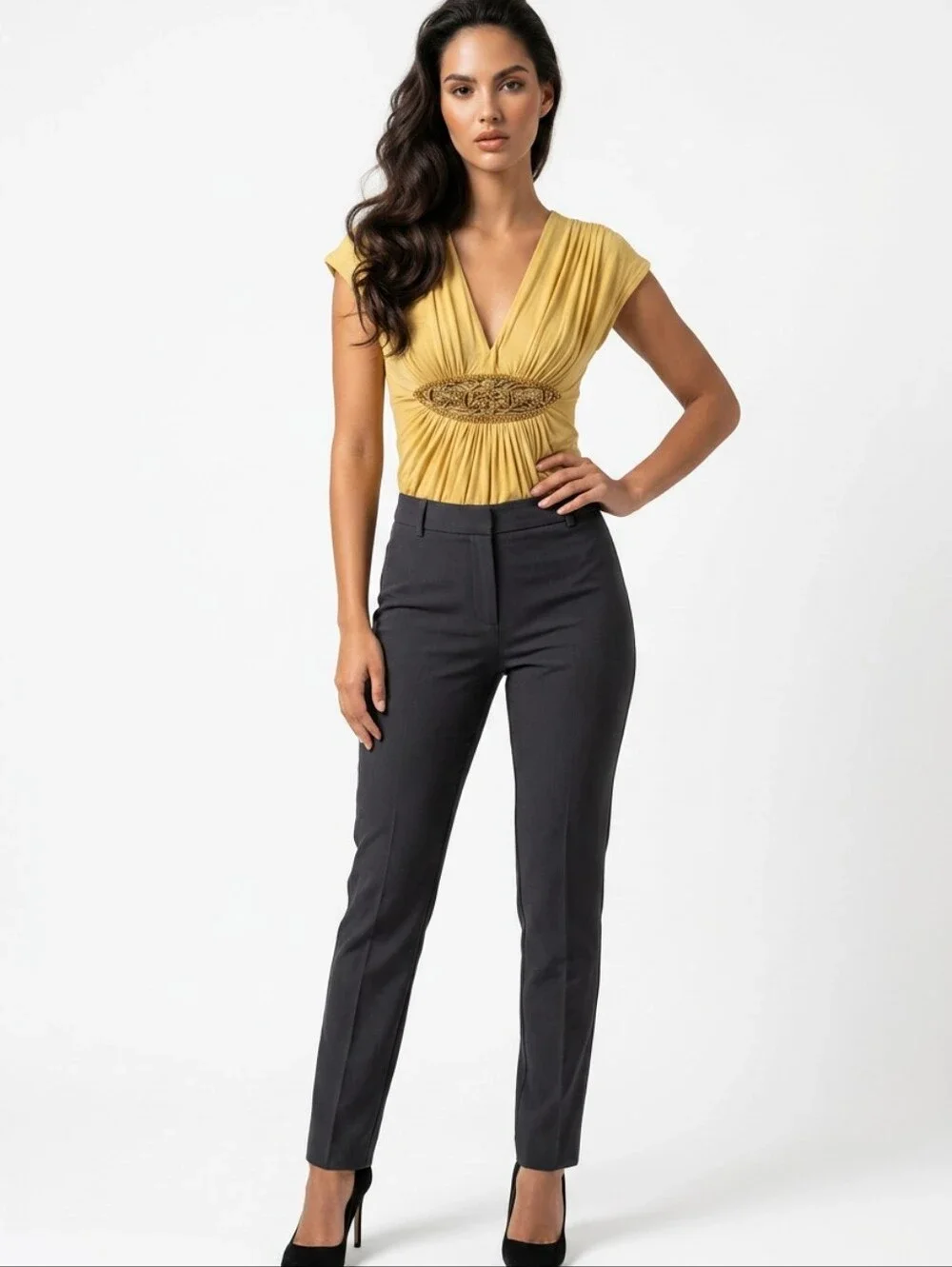 Sky Mustard V-Neck Embellished Empire Waist Tunic, With Jewelled Detail. Size S - Picture 3 of 6